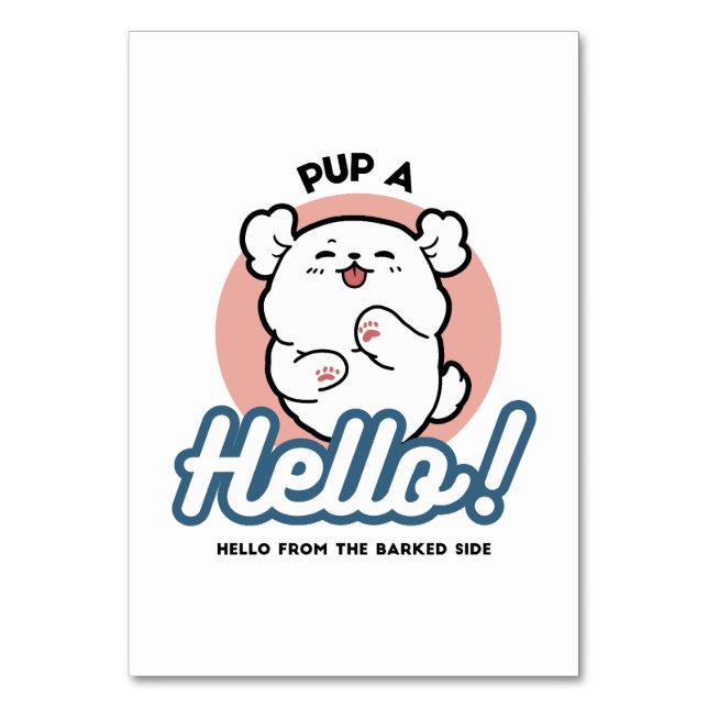 Hallo! - Happy White Dog Cartoon Design Tischnummer (Vorderseite)