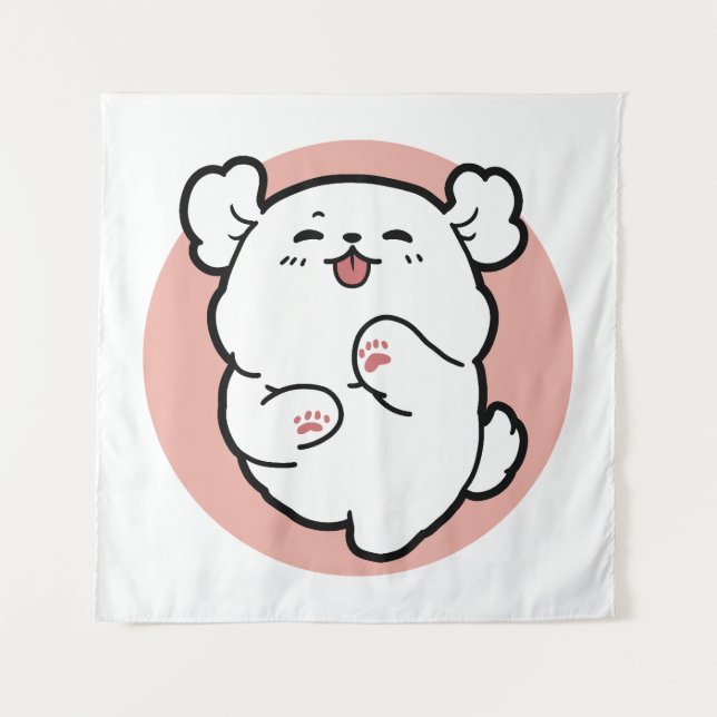 Hallo! - Happy White Dog Cartoon Design Wandteppich (Vorderseite)