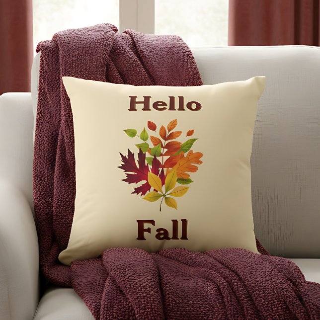 Hallo Herbst - Bauernhof Rustikaler Herbst Zuhause Kissen (“Hello Fall” pillow with colorful leaves and blanket creates a cozy autumn vibe.)