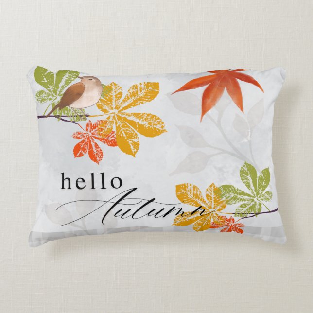 Hallo Herbst mit Bird und Herbstlauben Dekokissen (Vorderseite)