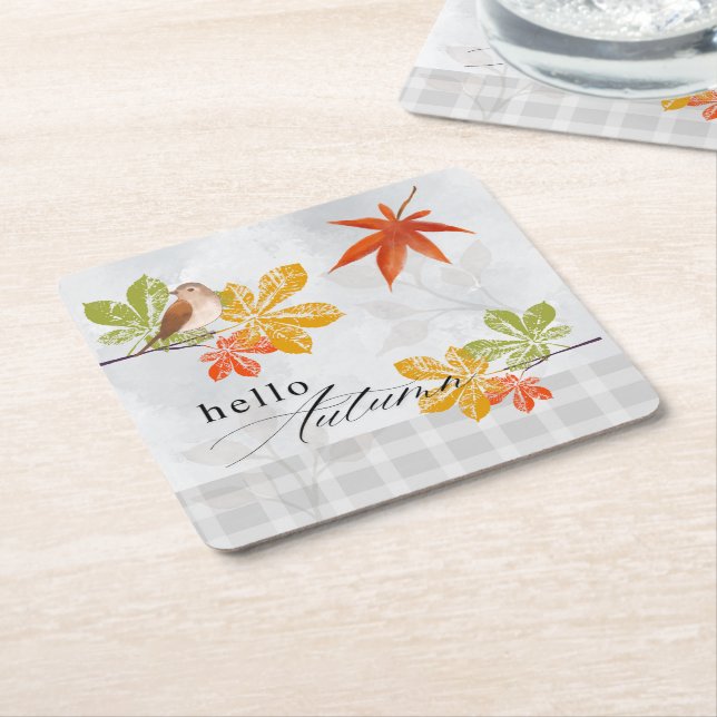 Hallo Herbst mit Bird und Herbstlauben Rechteckiger Pappuntersetzer (angewinkelt)