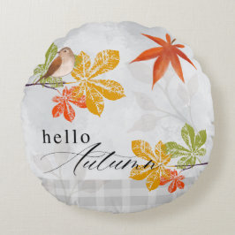Hallo Herbst mit Bird und Herbstlauben Rundes Kissen