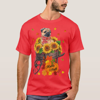Hallo Herbst Mops Hund in Sonnenblumen Blätter Her T-Shirt