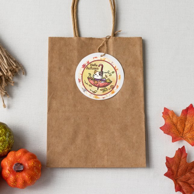 Hallo Herbst, Niedliche Katzen-Sits im Schirm Runder Aufkleber (Von Creator hochgeladen)