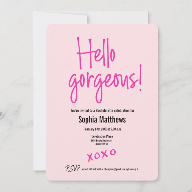 Hallo herrlich Pink XOXO Bachelorette Einladung (Vorderseite)