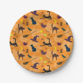 Hallo Hexe - nahtloses Halloween-Muster. Pappteller