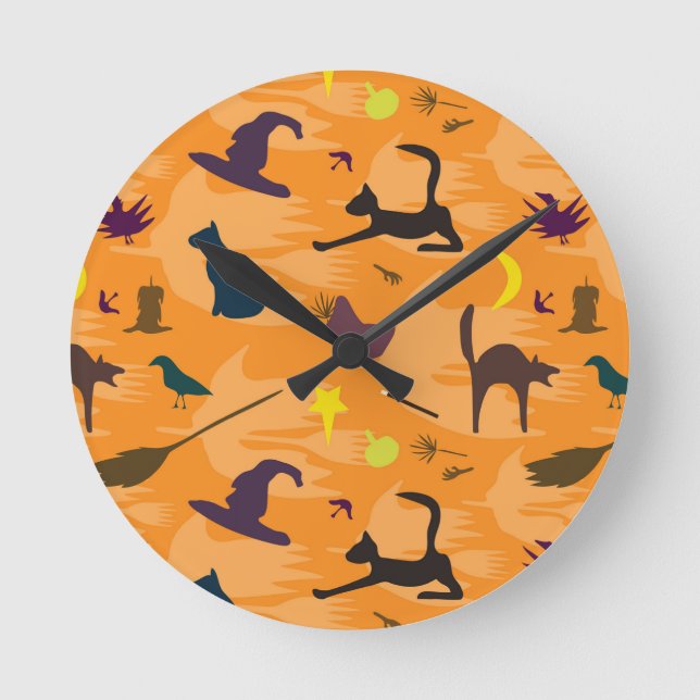 Hallo Hexe - nahtloses Halloween-Muster. Runde Wanduhr (Vorderseite)