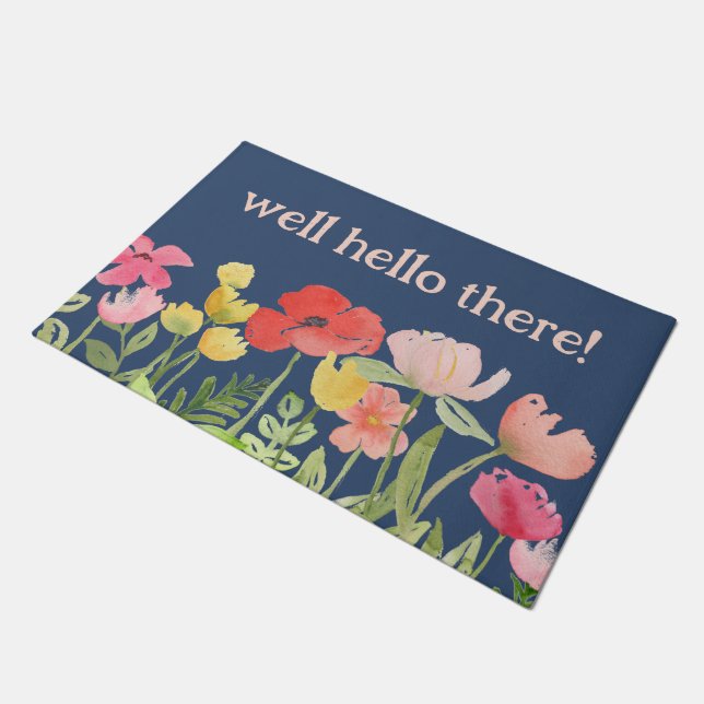 Hallo, hier Blume in Aquarellfarben Begrüßungsmatt Fußmatte (Schrägansicht)