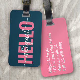 Hallo Ihr Name Pink Blau Kalligrafie Gepäckanhänger