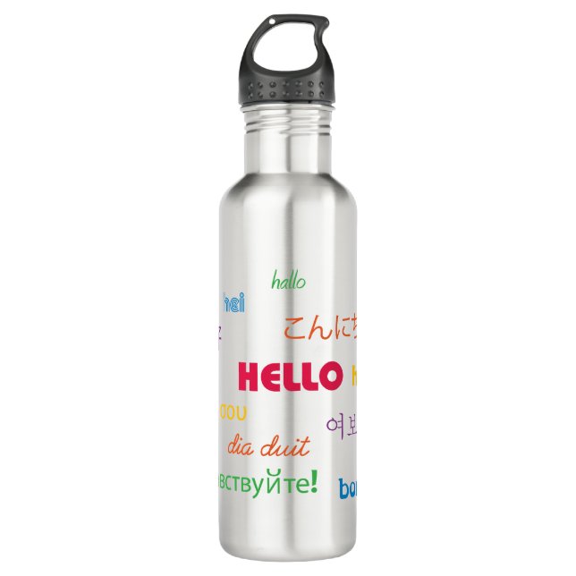 Hallo in vielen Sprachen farbig Edelstahlflasche (Vorderseite)