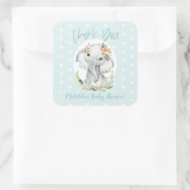 Hallo Kleines Dankeschön an Elefantenbaby Dusche Quadratischer Aufkleber (Tasche)