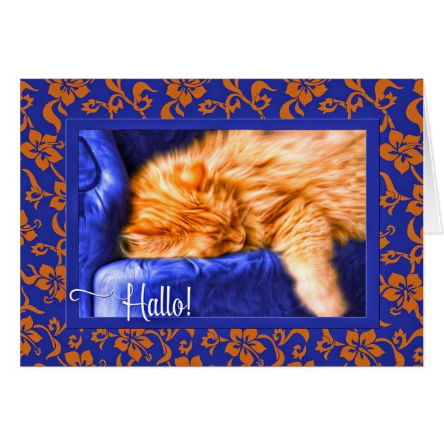Hallo ! Langue allemande Orange Tabby Cat Bleu (Devant horizontal)