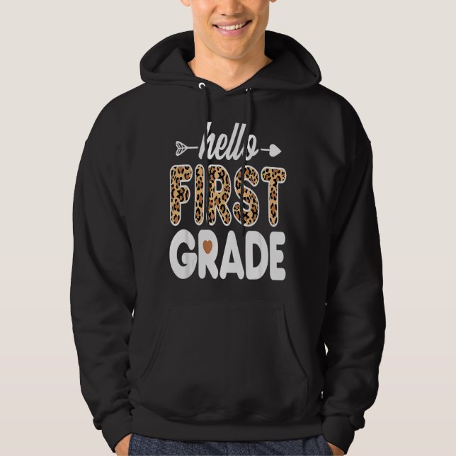 Hallo Leopard Print First Grade Lehrer Hoodie (Vorderseite)