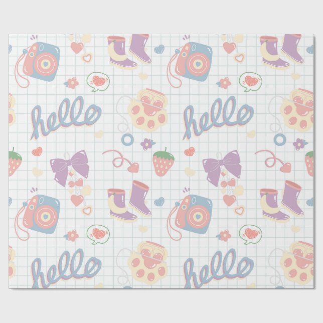Hallo! Mädchen-Dinge-Muster Geschenkpapier (Flach)