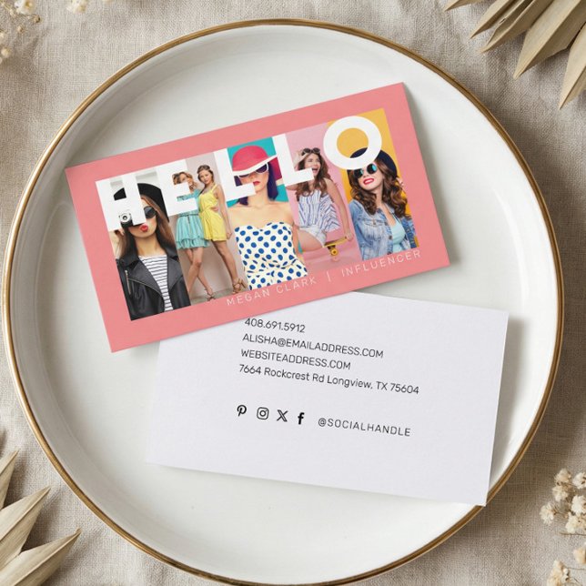 Hallo mit Modern & Minimal 5 Foto Layout Pink Visitenkarte (Fun Modern Minimal Social Media Influencer Photo Business Card)