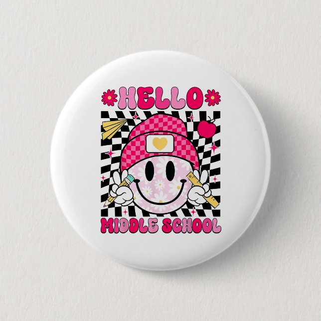 Hallo Mittelstufe Smiley Gesicht Lehrer Kind Zurüc Button (Vorderseite)
