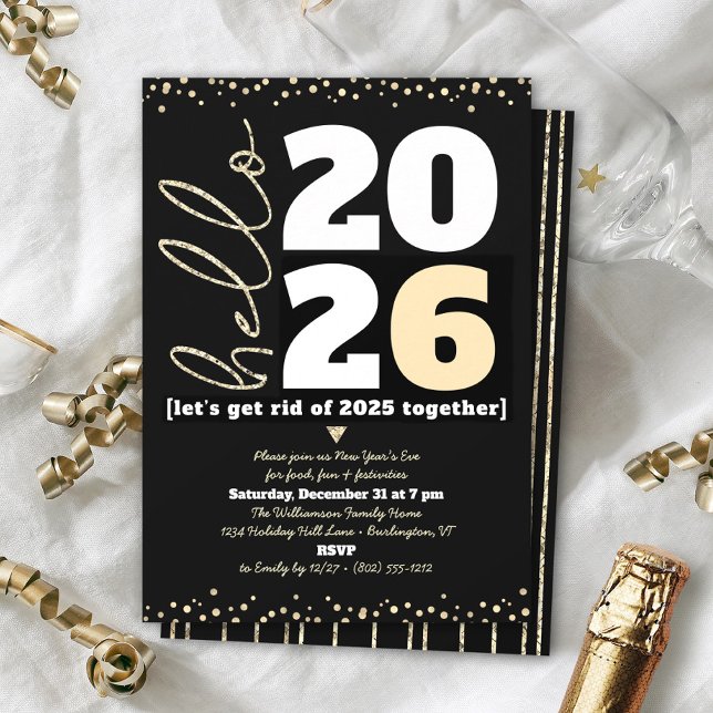 Hallo Neues Jahr Schwarzes Gold Modernes Add Year Einladung (Von Creator hochgeladen)