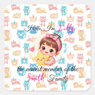 Hallo neuester Familienmitglied Muster Katze indiv Quadratischer Aufkleber