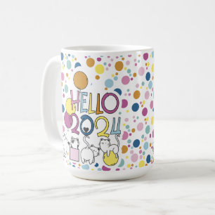 Hallo Neujahr 2024 mit Katzen spielen Kaffeetasse