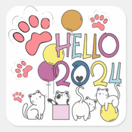 Hallo Neujahr 2024 mit Katzen spielen Quadratischer Aufkleber