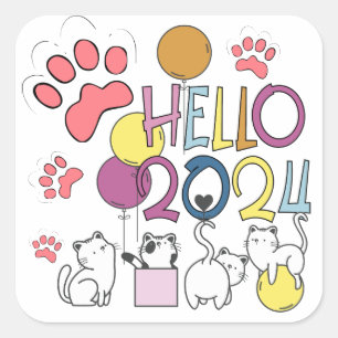 Hallo Neujahr 2024 mit Katzen spielen Quadratischer Aufkleber