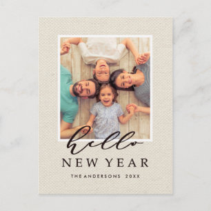 Hallo Neujahr Rustikale Falsche Jute Textur Foto Feiertagspostkarte