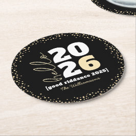 Hallo New Year Black Gold Modern Custom Year Name Runder Pappuntersetzer