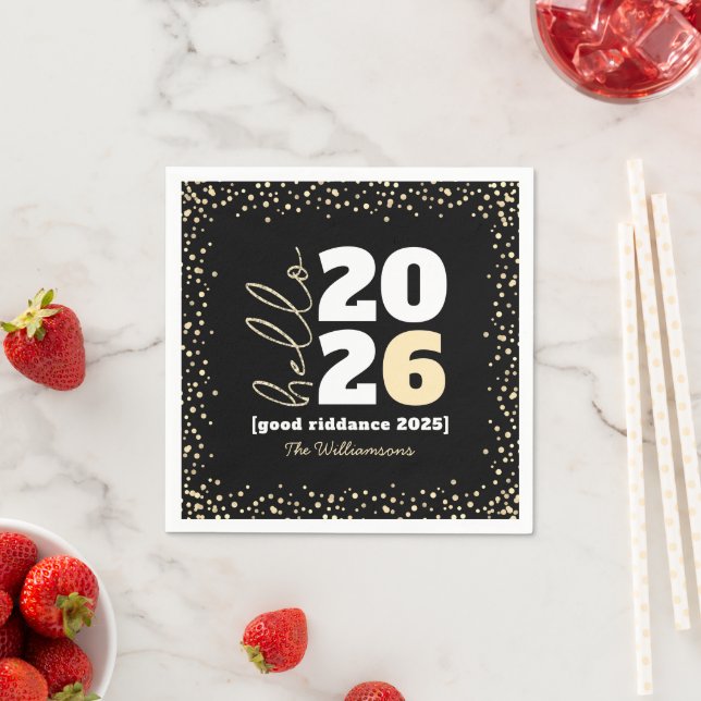 Hallo New Year Black Gold Modern Custom Year Name Serviette (Beispiel)