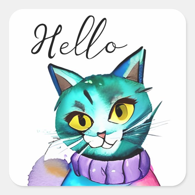 Hallo  | Niedlich Blue Kitty Cat Quadratischer Aufkleber (Vorderseite)