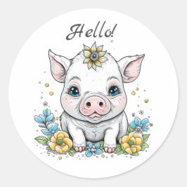 Hallo ! Niedliches Schwein mit Blume auf ihrem Kop Runder Aufkleber