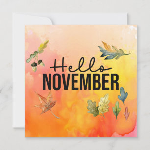 Hallo November mit Falling Blätter Aquarellfarben  Feiertagskarte