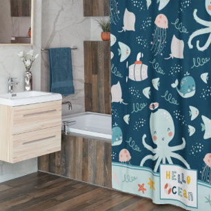 Hallo Ocean Octopus Nautical Blue Kinderbad Duschvorhang
