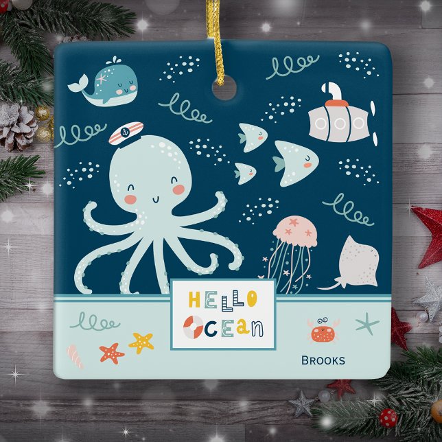 Hallo Octopus Nautical Blue Kid Weihnachten Keramikornament (Von Creator hochgeladen)
