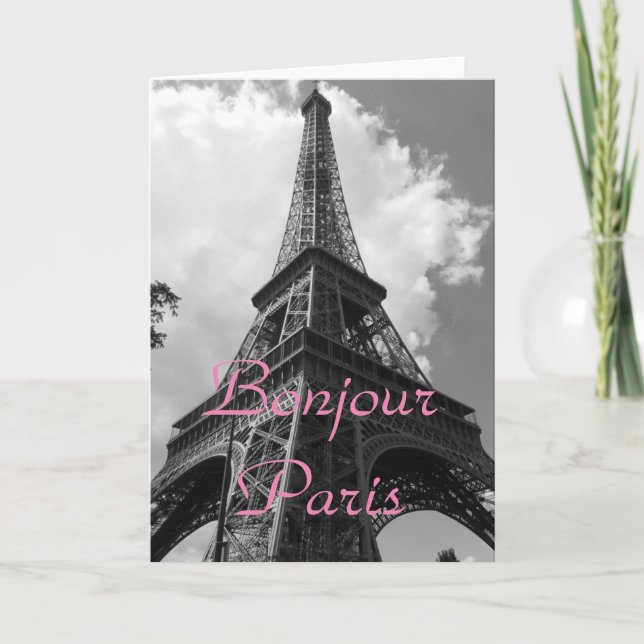 Hallo Paris Schwarz Weiß Eiffelturm Frankreich Karte (Vorderseite)