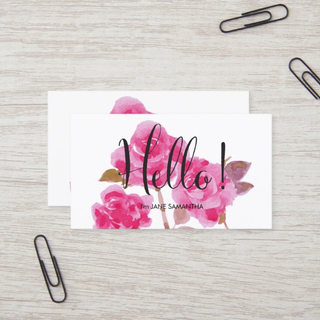 Hallo, Pink Rose Floral Visitenkarte (Vorderseite/Rückseite Beispiel)