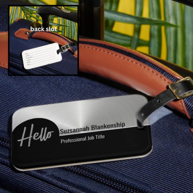 Hallo Professional Faux Silver Metallic Gepäckanhänger (Professional & fun luggage tag faux brushed metallic and black template.)