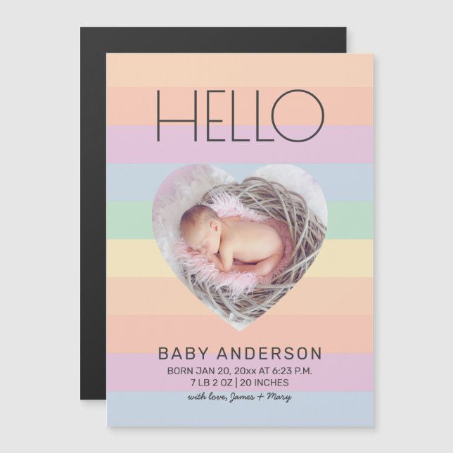 Hallo Rainbow Colors Baby Foto Geburtsankündigung Magneteinladung (Vorne/Hinten)