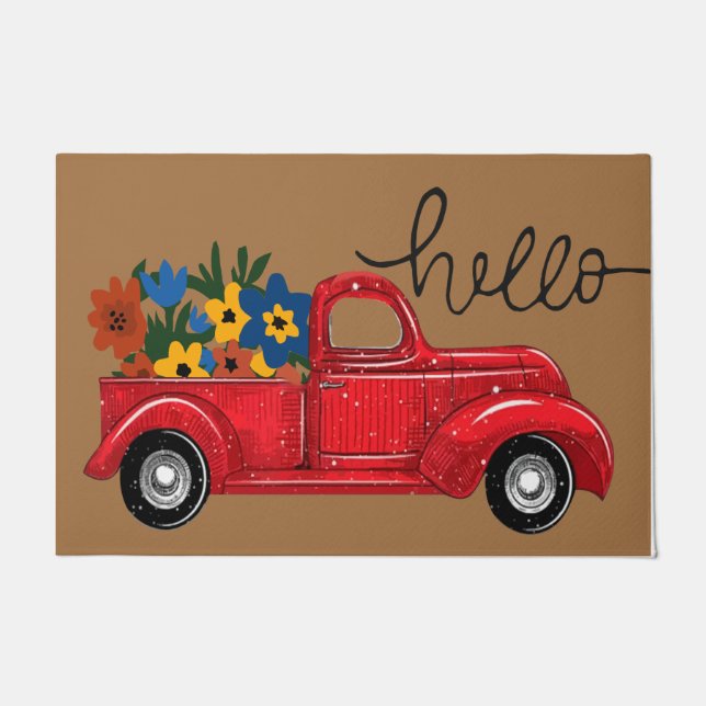 Hallo Red Car mit Blume Rug, Niedlich Mat Geschenk Fußmatte (Vorderseite)