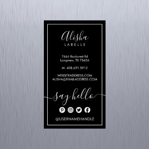 Hallo sagen   Elegant Black & Blush Pink Social Magnetische Visitenkarte