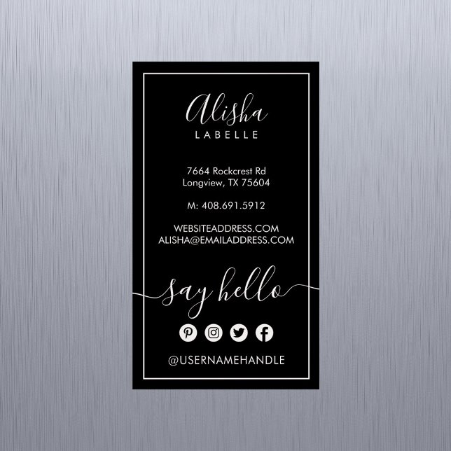 Hallo sagen | Elegant Black & Blush Pink Social Magnetische Visitenkarte (Say Hello | Elegant Black & Blush Pink Social Business Card Magnet)