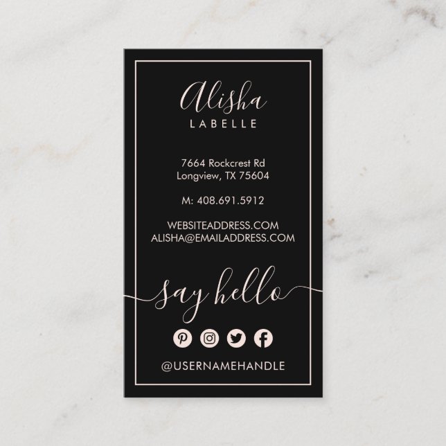 Hallo sagen | Elegant Black & Blush Pink Social Visitenkarte (Vorderseite)