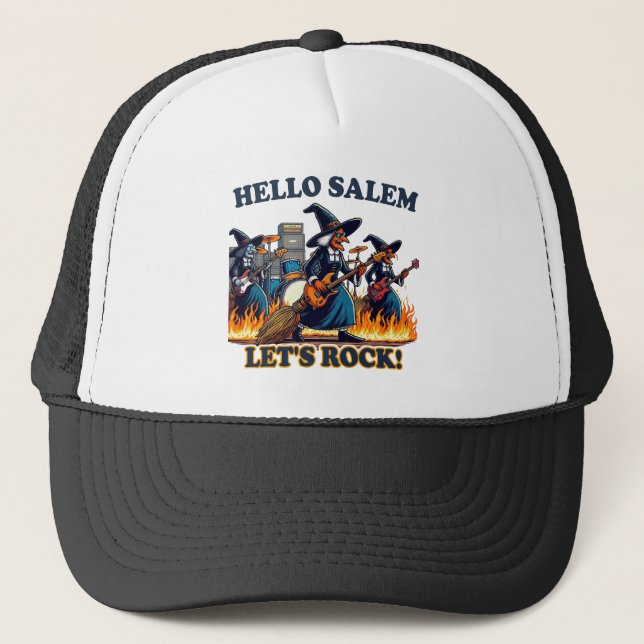 Hallo Salem Massachusetts Hexenrockband Truckerkappe (Vorderseite)