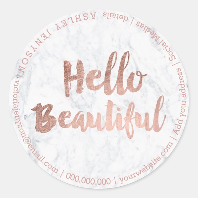 Hallo schöne Rose Goldtypografie Marmor Runder Aufkleber (Vorderseite)