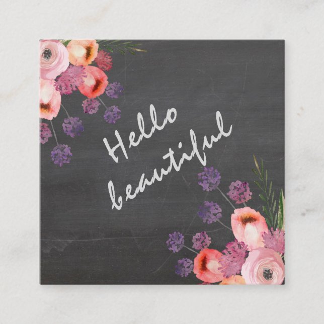 Hallo schöne typografische Tafel Boho Blumengestal Quadratische Visitenkarte (Vorderseite)