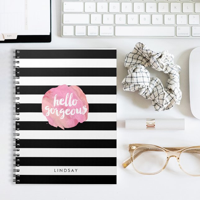 Hallo Schöner Schwarzer Streifen und rosa Wasserfa Notizblock (Von Creator hochgeladen)