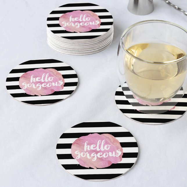 Hallo Schöner Schwarzer Streifen und rosa Wasserfa Runder Pappuntersetzer (Von Creator hochgeladen)