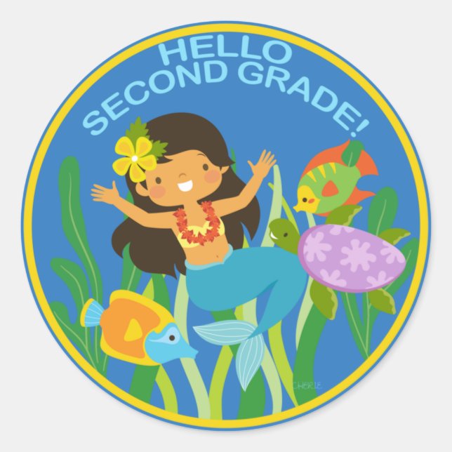 Hallo Second Grade! Meerjungfrau und Fisch Runder Aufkleber (Vorderseite)