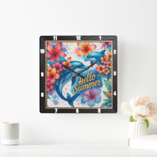 Hallo Sommer Dolphin Floral Quadratische Wanduhr