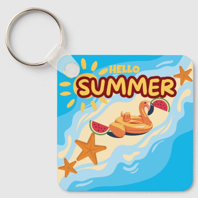Hallo Sommer Flamingo Strand  Schlüsselanhänger (Vorderseite)