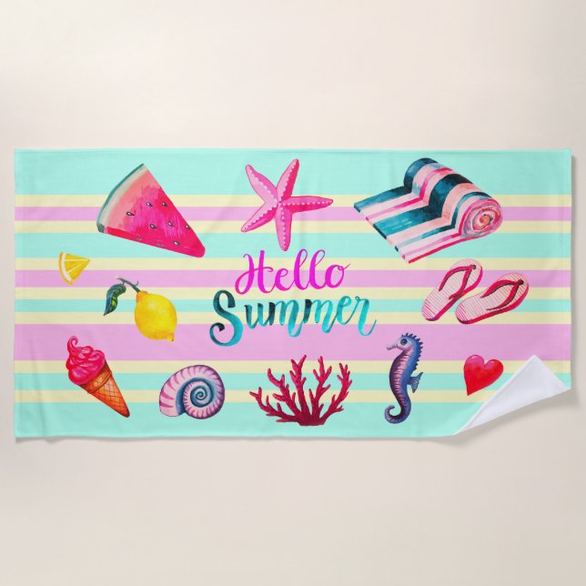 "Hallo Sommer" Meer und Sommer-Aquarell striped Strandtuch (Vorderseite)